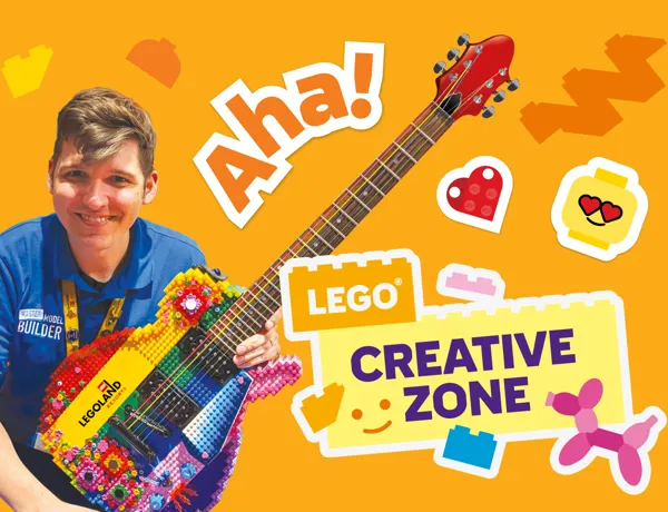 LEGO Festival Creative Zone bild som visar modellbyggmästare med elgitarr gjord av LEGO med orden AHA på orange bakgrund