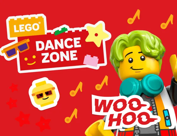 LEGO Festival Dance Zone-bild som visar LEGO rockstjärnefigur med grönt hår, röd bakgrund och turkosa hörlurar runt halsen